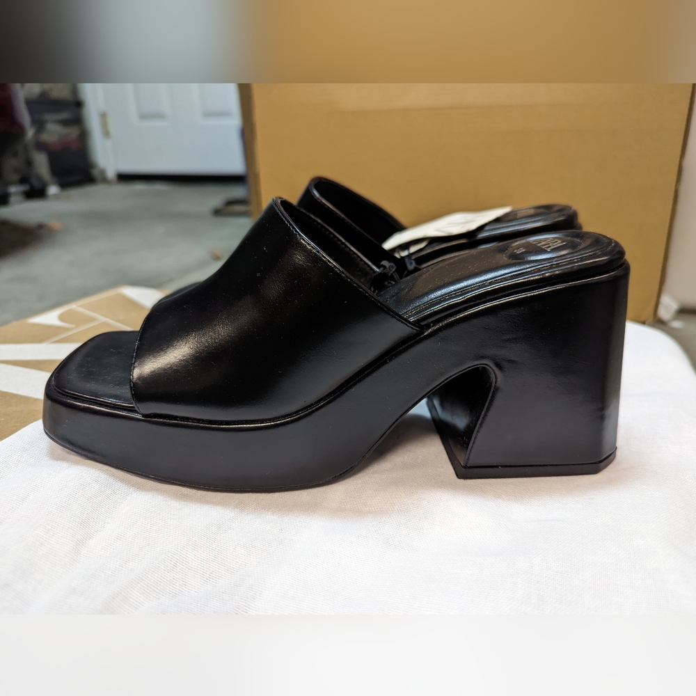 ZARA CHUNKY HEELED PLATFORM SLIDES MULES SANDALS BLACK